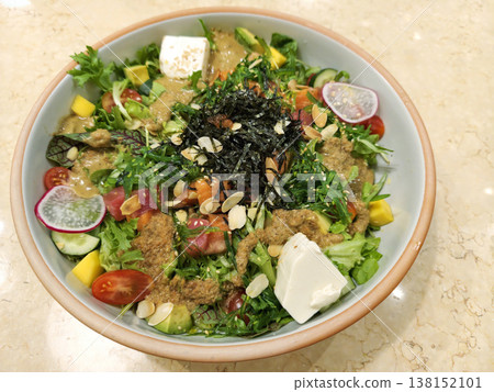 Salmon and tuna sashimi with tofu and vegetable salad savory sauce Salmon and tuna sashimi with tofu and vegetable salad savory sauce 138152101