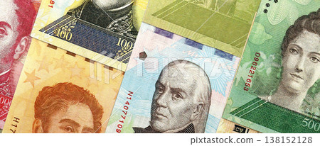 Venezuelan Bolivar currency money bills in pile. VED currency banknotes with different denomination close up Venezuelan Bolivar currency money bills in pile. VED currency banknotes with different denomination close up 138152128