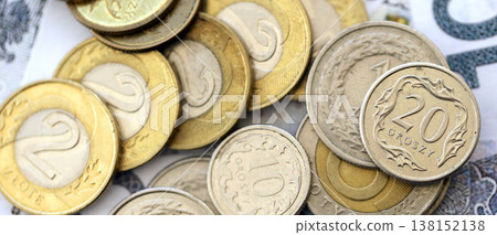 Big amount of polish zloty money banknotes and grosz coins close up. Huge pile of cash of Poland currency. Concept of business, economy and investment in Poland 138152138