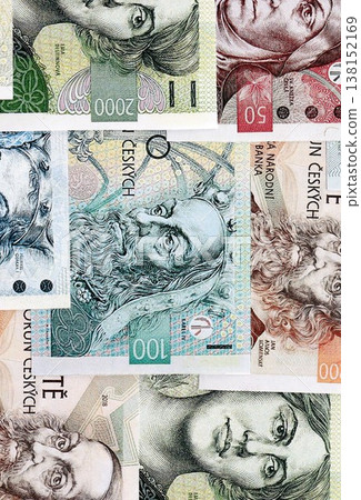 Czech koruna paper banknotes pile on table. Czech Republic CZK currency money bills in big amount. Concept of economics, taxation and banking in Czech Republic Czech koruna paper banknotes pile on table. Czech Republic CZK currency money bills in big amount. Concept of economics, taxation and banking in Czech Republic 138152169