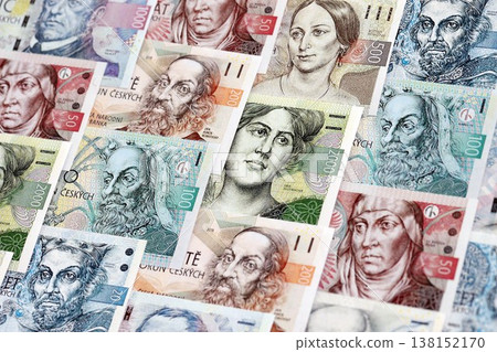 Czech koruna paper banknotes pile on table. Czech Republic CZK currency money bills in big amount. Concept of economics, taxation and banking in Czech Republic 138152170