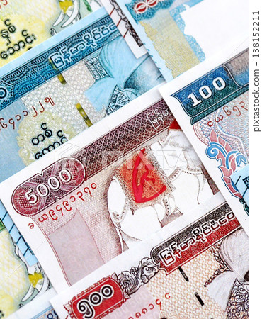 Myanmar kyat paper banknotes pile on table. Myanmar MMK currency money bills in big amount. Concept of economics, taxation and banking in Myanmar 138152211