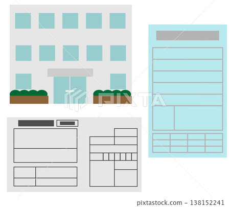 一組插圖描繪了繳納交通罰款的過程，包括一張藍色罰單、一張繳款單和一棟建築物。 138152241