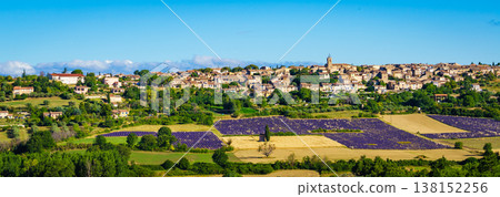 Hilltop Puimoisson village, France. Provence landscape with lavender fields. Plateau Valensole, Alpes de Haute Provence. 138152256
