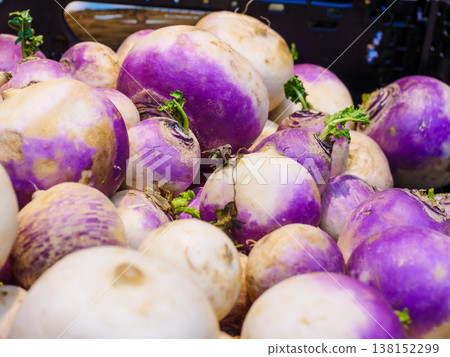 Purple turnips on display at the super market. Purple turnips on display at the super market. 138152299
