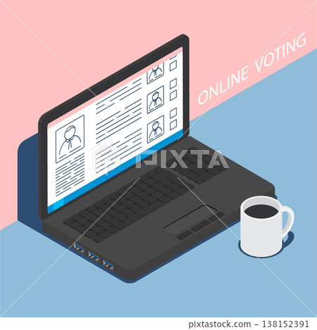 Isometric laptop with an open online voting site with detailed candidate data in the election race. Cartoon 3D vector on blue background Isometric laptop with an open online voting site with detailed candidate data in the election race. Cartoon 3D vector on blue background 138152391