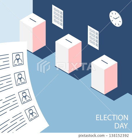 Isometric polling station equipped with ballot boxes. Cartoon 3D vector on blue background Isometric polling station equipped with ballot boxes. Cartoon 3D vector on blue background 138152392