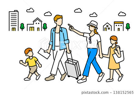一幅描繪四人享受家庭旅行的插圖。 138152565