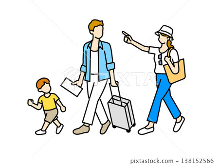 一幅描繪一家三口即將踏上旅程的插圖。 138152566