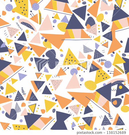 Abstract playful seamless pattern with scattered geometric shapes, triangles, dots, lines, and textures creating a modern graphic background for design and decor Abstract playful seamless pattern with scattered geometric shapes, triangles, dots, lines, and textures creating a modern graphic background for design and decor 138152689
