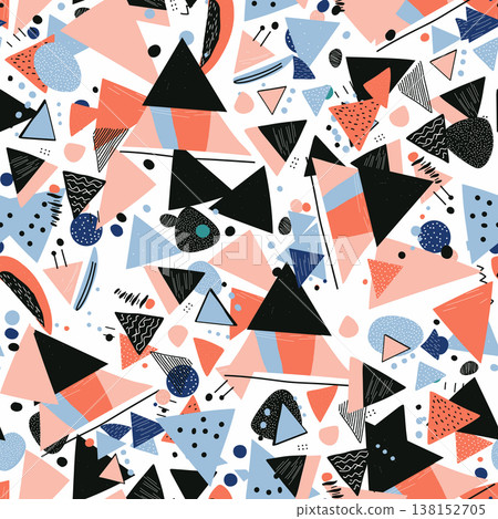 Abstract seamless 80s inspired pattern of hand drawn triangles, circles and irregular shapes in pastel hues with textured dots and lines for playful, modern surface design Abstract seamless 80s inspired pattern of hand drawn triangles, circles and irregular shapes in pastel hues with textured dots and lines for playful, modern surface design 138152705