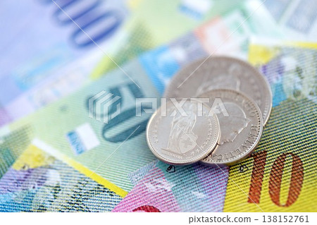 Currency of Switzerland. Banknotes and Swiss franc coins on them. Financial topics in Swiss banking concept. Currency of Switzerland. Banknotes and Swiss franc coins on them. Financial topics in Swiss banking concept. 138152761