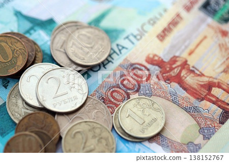 Coins and banknotes of Russian Federation ruble currency. Russia RUB money close up. Business, economy and finance concept 138152767
