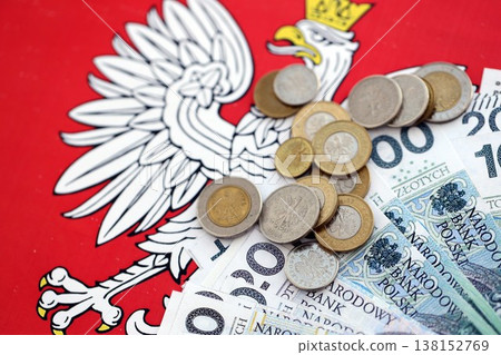 Banknotes of Polish zloty and grosz coins currency on polish flag. Poland PLN money close up. Business, economy and finance concept Banknotes of Polish zloty and grosz coins currency on polish flag. Poland PLN money close up. Business, economy and finance concept 138152769