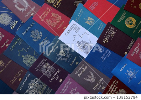 Big amount of passports of various different countries. Covers of expired passports close up. Travel documents for tourism 138152784