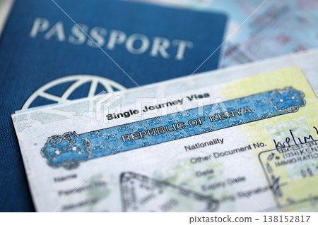 Detail of Kenya visa applied on passport. Kenya visa header in passport page close up 138152817