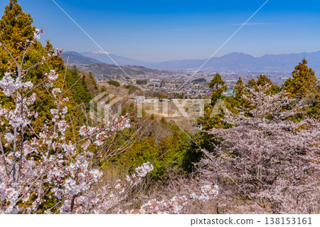 (Yamanashi Prefecture) A view of the distant Yatsugatake mountain range from Daihoshi Park, where the cherry blossoms are in full bloom. 138153161