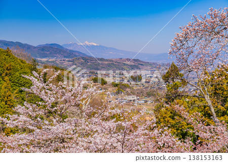 (Yamanashi Prefecture) A view of the distant Yatsugatake mountain range from Daihoshi Park, where the cherry blossoms are in full bloom. (Yamanashi Prefecture) A view of the distant Yatsugatake mountain range from Daihoshi Park, where the cherry blossoms are in full bloom. 138153163