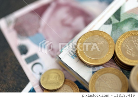 Turkish lira money bills and kurus coins pile on table. Turkey coins on banknotes of TRY currency close up. Concept of business, taxes and banking in Turkey 138153419