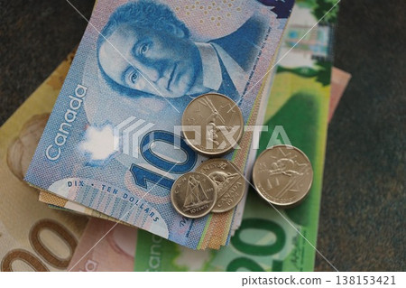 Canadian dollar money bills and cent coins pile on table. Canada coins on banknotes of CAD currency close up. Concept of business, taxes and banking in Canada 138153421