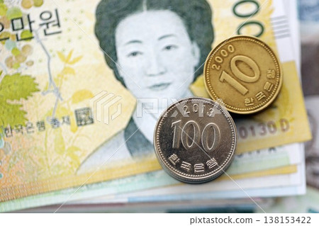 South Korean won money bills and jeon coins pile on table. South Korea coins on banknotes of KRW currency close up. Concept of business, taxes and banking in South Korea 138153422