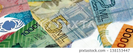 Costa Rican old and new colon money bills pile on table. Costa Rica banknotes of CRC currency close up. Concept of business, economy and banking in Costa Rica 138153447