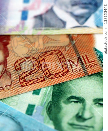 Costa Rican old and new colon money bills pile on table. Costa Rica banknotes of CRC currency close up. Concept of business, economy and banking in Costa Rica 138153448