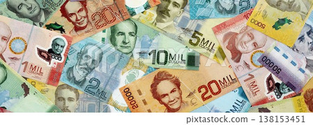 Costa Rican old and new colon money bills pile on table. Costa Rica banknotes of CRC currency close up. Concept of business, economy and banking in Costa Rica 138153451