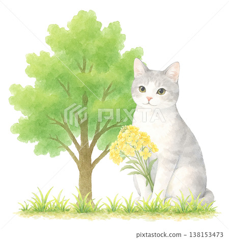 Simple design featuring cats and trees, natural plant imagery, green design, white background. Simple design featuring cats and trees, natural plant imagery, green design, white background. 138153473