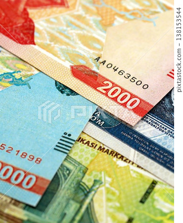 Uzbek som money bills pile on table. Uzbekistan banknotes of UZN currency close up. Concept of business, economy and banking in Uzbekistan 138153544