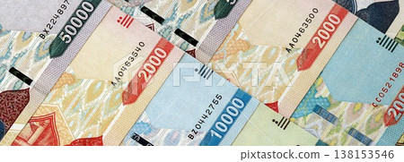 Uzbek som money bills pile on table. Uzbekistan banknotes of UZN currency close up. Concept of business, economy and banking in Uzbekistan 138153546