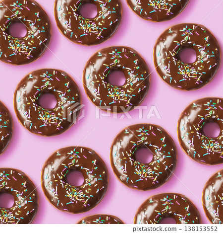 Chocolate donut pattern on a pink background (flat lay) 138153552