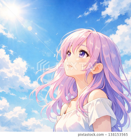 一個女孩仰望夏日的天空 138153565