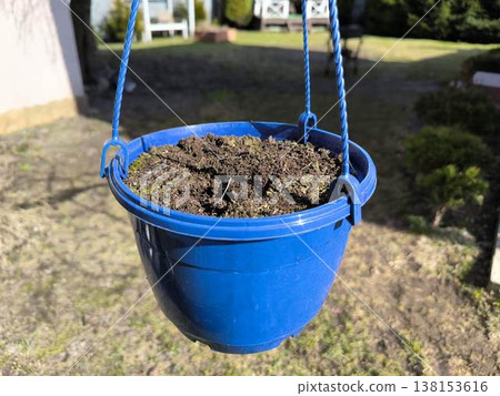 Blue hanging planter with prepared soil Blue hanging planter with prepared soil 138153616