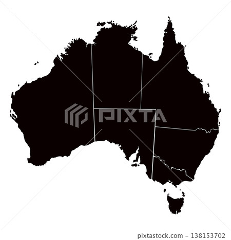 A black silhouette map of Australia with state borders isolated on a transparent background. Suitable for design, education, schools, business, and politics. A black silhouette map of Australia with state borders isolated on a transparent background. Suitable for design, education, schools, business, and politics. 138153702