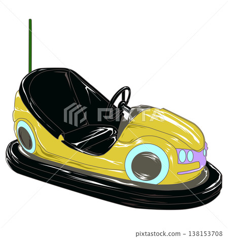 Yellow vintage bumper car illustration, amusement park dodgem isolated on transparent background 138153708