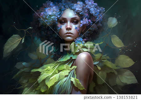 Beautiful fantasy flower nymph. Floral woman. Neural network AI generated art 138153821