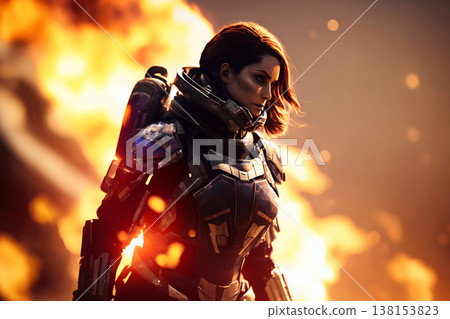 Cyberpunk concept. Brave cyberpunk warrior girl stands against the background of fire. Neural network AI generated art 138153823