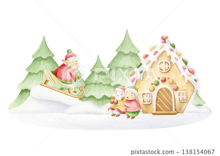 Cartoon sheep family sledding down on snow slide near gingerbread house and fir forest watercolor isolated illustration. Cute lambs and goats in winter clothes clap hands at snowdrift hill scene Cartoon sheep family sledding down on snow slide near gingerbread house and fir forest watercolor isolated illustration. Cute lambs and goats in winter clothes clap hands at snowdrift hill scene 138154067