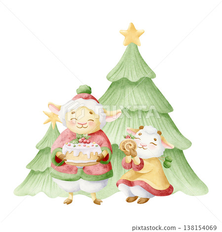 Sweet animal family with desserts at Christmas trees watercolor cartoon illustration. Happy mother lamb and baby girl goat in winter clothes holiday clip art. Adorable smiling hand drawn characters Sweet animal family with desserts at Christmas trees watercolor cartoon illustration. Happy mother lamb and baby girl goat in winter clothes holiday clip art. Adorable smiling hand drawn characters 138154069