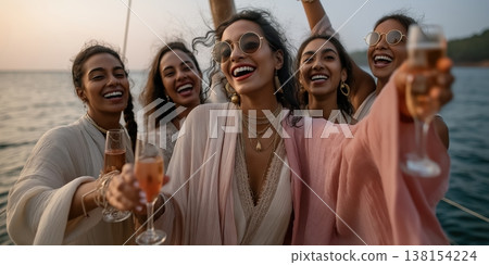 Celebratory scene of women in traditional attire sipping champagne by tranquil coastal waters 138154224