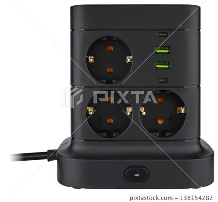 Practical power strip with seven sockets and fast ports, on a white background with insulation Practical power strip with seven sockets and fast ports, on a white background with insulation 138154282