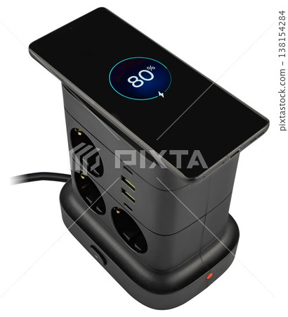 Black 2m extension lead with sockets and USB Type-C ports, with wireless charging, on a white background Black 2m extension lead with sockets and USB Type-C ports, with wireless charging, on a white background 138154284