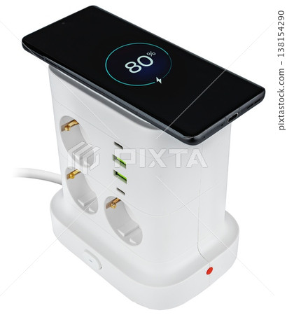 White extension lead with wireless charging and multiple sockets, wireless charging White extension lead with wireless charging and multiple sockets, wireless charging 138154290