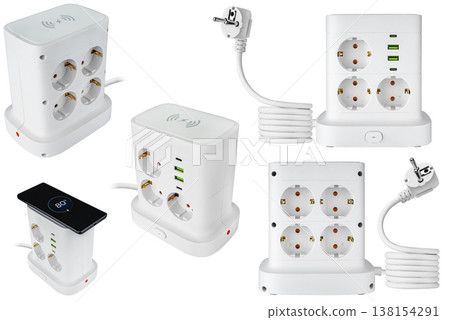 Universal 2m white extension lead with USB and Type-C ports, wireless charging Universal 2m white extension lead with USB and Type-C ports, wireless charging 138154291