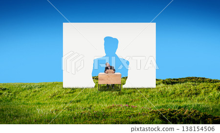 Businessman sitting at desk inside human silhouette cutout in landscape 138154506