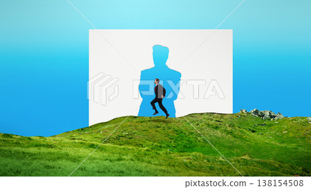 Businessman running through human silhouette cutout on green hills. Businessman running through human silhouette cutout on green hills. 138154508