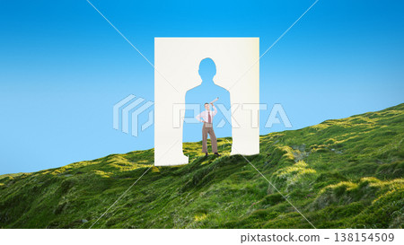 Businesswoman holding telescope inside human silhouette cutout in green hills. Businesswoman holding telescope inside human silhouette cutout in green hills. 138154509