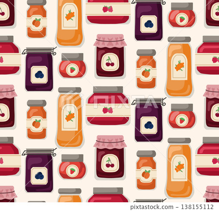 Vector seamless pattern with various berry jams on white background. Texture with jars with sweet syrup Vector seamless pattern with various berry jams on white background. Texture with jars with sweet syrup 138155112