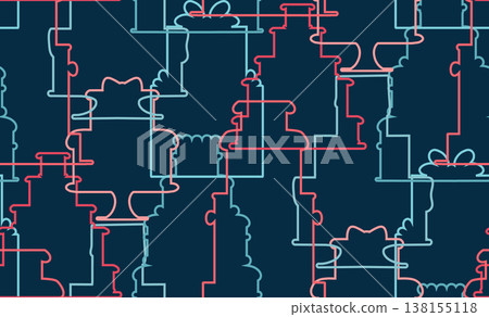Festive vector pattern with multicolored outline cake silhouettes on dark background. Birthday cupcake texture 138155118